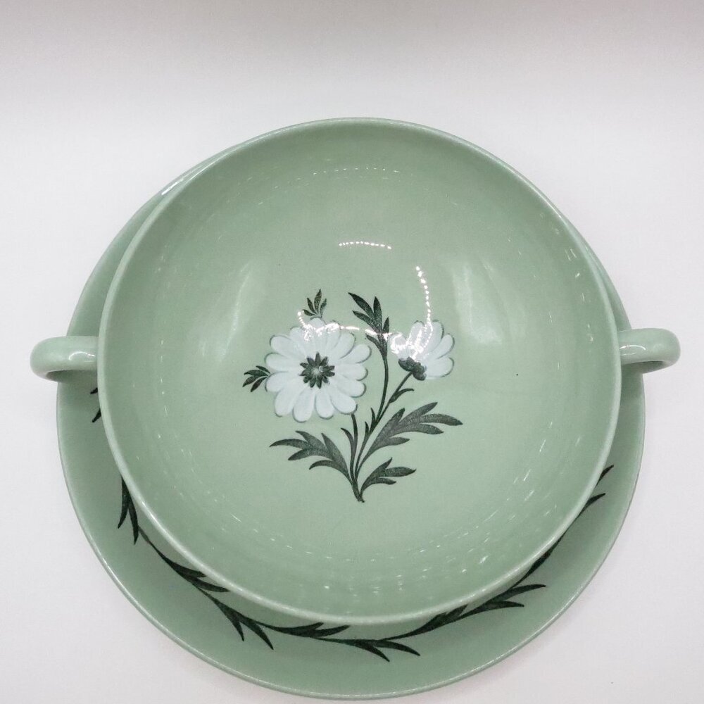 Wedgwood Aster X2 Flat Cream Soup Bouilon Cup & Saucer Celadon Green Bone China